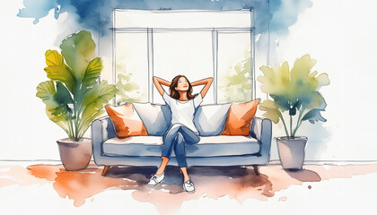 A tranquil watercolor illustration depicts a young woman unwinding on a couch near a window, enveloped by lush indoor plants