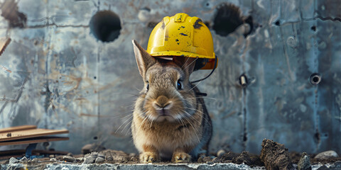Easter Bunny With Construction Helmet Background on the construction site
