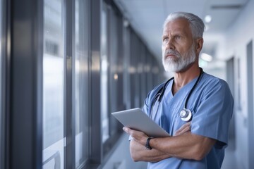 Thoughtful mid adult male nurse holding digital tablet while looking through window in corridor at hospital
