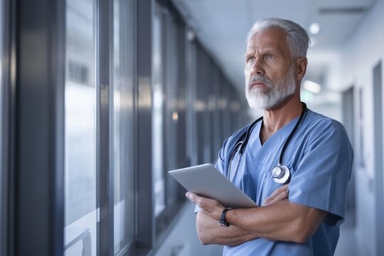 Thoughtful mid adult male nurse holding digital tablet while looking through window in corridor at hospital