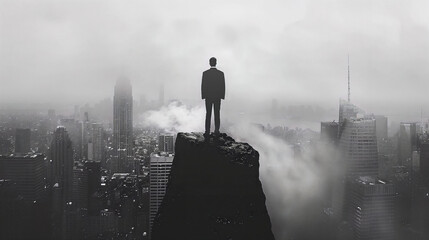 A businessman stands at the edge of a cliff, facing a chasm that symbolizes the risks of business...