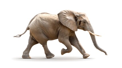 Fototapeta premium Majestic African Elephant in Motion on a White Background. Ideal for Educational and Marketing Materials. High-Quality Wildlife Image. AI