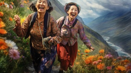 Obraz premium Two Women Walking on Lush Green Hillside