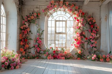 An photo of a room with a large window surrounded by pink and white flowers.