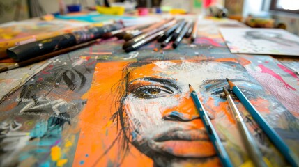 A close-up of a painting of a woman's face on a table with paintbrushes and pencils.