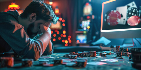 A man with his head in his hands at a poker table, surrounded by chips and cards, depicting the despair of gambling loss in a casino setting.