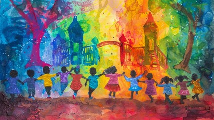 A group of diverse children holding hands and walking towards a colorful playground in a rainbow colored background.