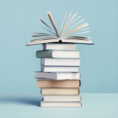 Fototapeta premium A stack of books with an open book on top, concept of Back to School, books education, literary.