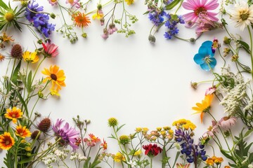A variety of flowers are arranged on a white background.