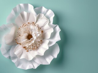 A white paper flower against a pale blue background.