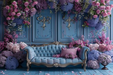 A blue vintage sofa is placed in front of a blue wall. The sofa is decorated with pink and purple...