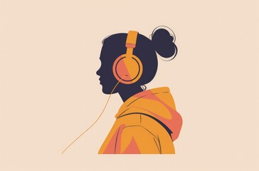 Illustration of a person using a headphone, concept of music, entertainment, hobby.