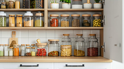 Fototapeta na wymiar Cupboard with food and spices in light kitchen