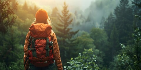 Hiker Explores Scenic Forest Trail Amidst Majestic Mountains and Lush Evergreen Landscape Promoting Conservation of Natural Adventure Playgrounds