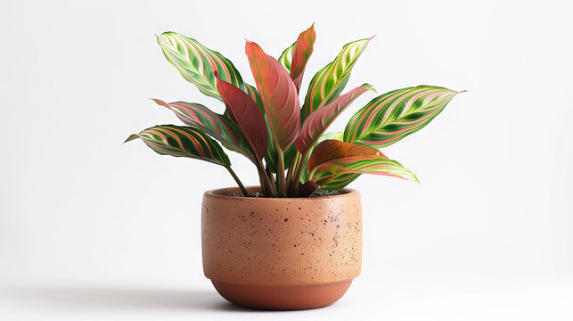 Prayer plant, green houseplant in the pot, white background, plant lover concept 