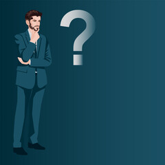 A man thinks about problems and questions during the decision-making process. Business concept. Flat vector illustration.