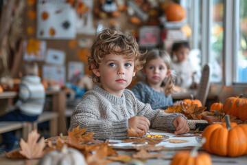 Fototapeta premium A young boy with curly hair gazes thoughtfully while sitting at a classroom table