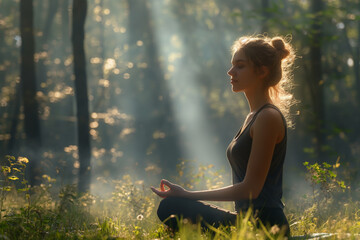 A young woman meditates peacefully in a sunlit forest