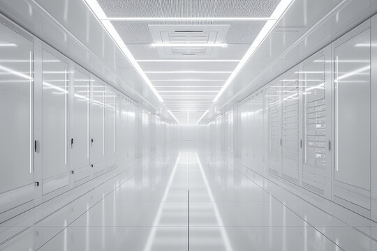 Network servers standing in a row inside a data center.Computer server room.
