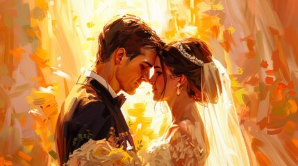 A beautiful painting of a bride and groom on their wedding day.