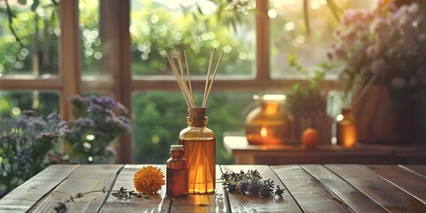 Essential Oils and Diffusers for Mindful Relaxation on Wooden Table with Autumn Foliage