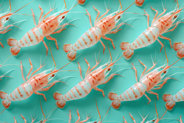 Shrimp pattern on turquoise background. Seafood background. Shrimps.