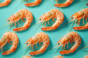 Shrimp pattern on turquoise background. Seafood background. Shrimps.