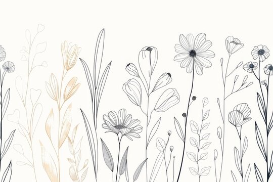A line drawing of various flowers and plants.