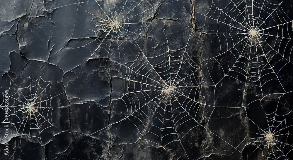 Poster spiderwebs on a cracked, dark surface suggesting a moody, halloween concept on a textured background
