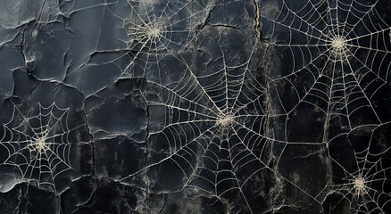 Spiderwebs on a cracked, dark surface suggesting a moody, Halloween concept on a textured background, Generative AI. Generative AI