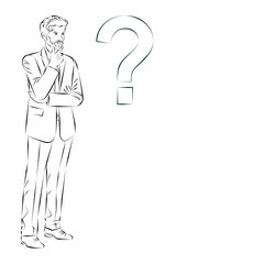 A man thinks about problems and questions during the decision-making process. Business concept. Sketch. Vector illustration.