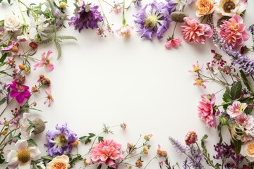 A variety of flowers arranged on a white background.
