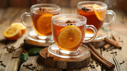 Cups of tasty fruit tea with cinnamon on wooden background