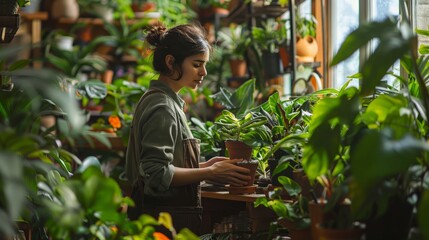 A young woman is taking care of her plants in a greenhouse.