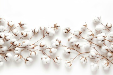A close-up image of fluffy white cotton flowers against a white background.