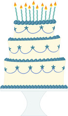 birthday cake blue with flaming candles illustrated cartoon