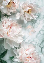 A close-up image of several pink peony flowers against a pale green background.