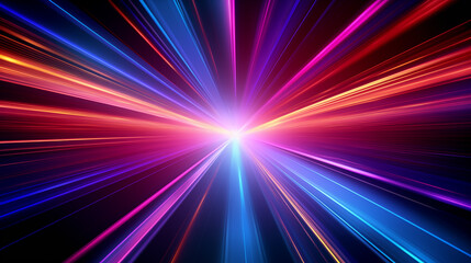 Obraz premium Flash rainbow abstract colorful background design. Multi-colored stripes and lines in perspective and converging into a point. Explosive glowing speed rays effect pattern wallpaper. AI artwork.