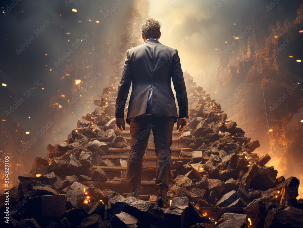 Poster a man in suit ascending a pile of debris with glowing embers, framed by towering ruins in a dramatic