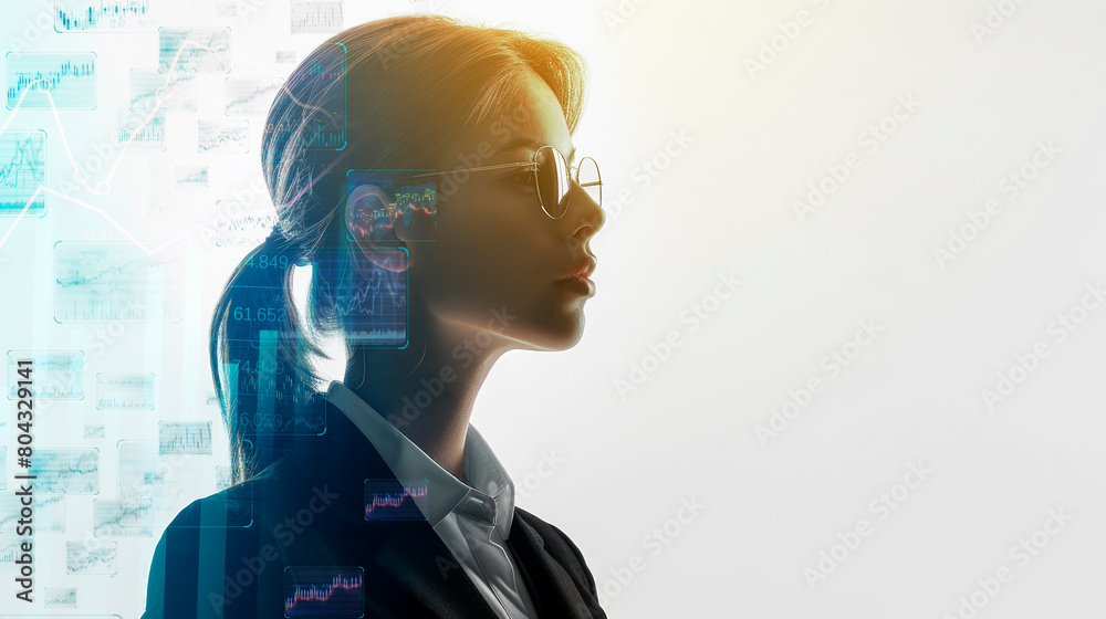 Aufkleber silhouetted female professional with digital graphs overlay on a bright background, depicting futuri