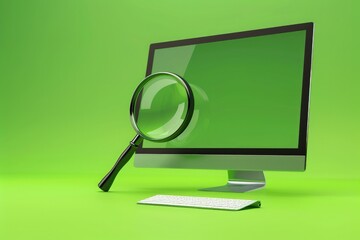 Magnifying glass on computer screen, technology concept, online opportunities, visualization.