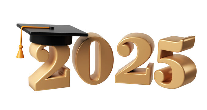 Class of 2025 3d icon. Congratulation graduates design template with black cap and numbers. Gold graduation typography education illustration for ceremony, party, greeting card, invitation