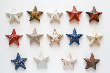 Obraz premium Independence day 4th july abstract minimalist design features 13 bold stars arranged in a circle on a stark white background. Each star is meticulously crafted from a different natural element