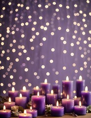 Purple Candles with bokeh, glowing lights, flame burning with seasonal, invitation, graphic resource cover for online sales, product display or holiday decoration. 