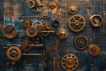 Steampunk collage gears, cogs, and vintage blueprints arranged in a cohesive artwork.