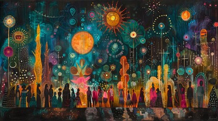 A colorful painting depicting a night scene with many people and strange glowing objects.