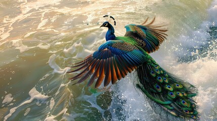 Peacock flying on the sea