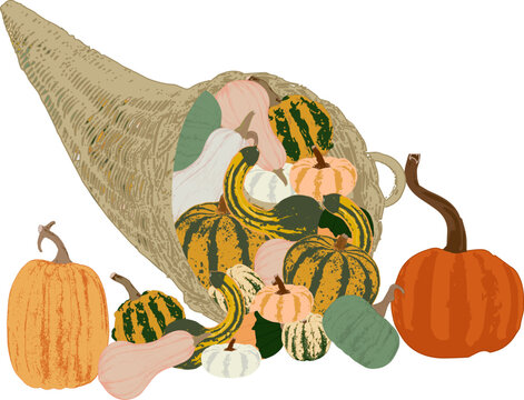 cornucopia overflowing with colorful pumpkins clip art preview