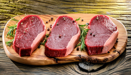 raw angus prime meat steaks machete on a wooden board - obrazy, fototapety, plakaty