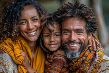 Warm family portrait showing happy parents with their young son, all dressed in autumn colors and patterns